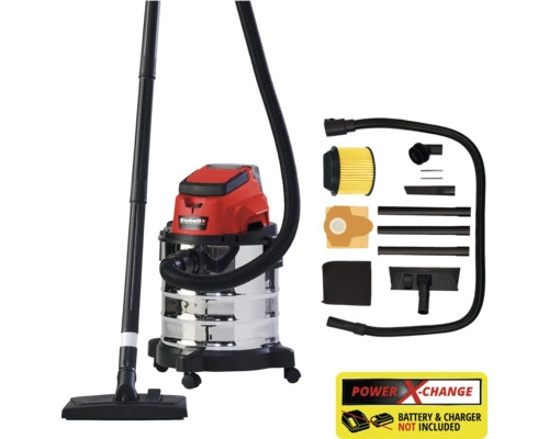 Aspirateur eau et poussière sans fil Einhell avec cuve en acier inoxydable, tuyau, buses, filtres et accessoires. Sans batterie ni chargeur.