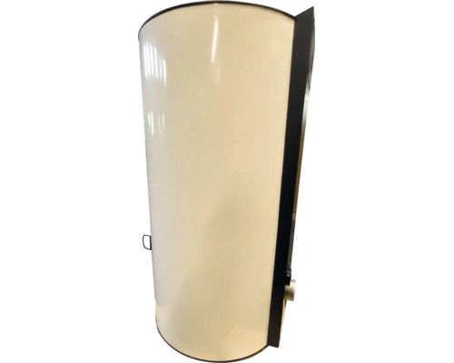 Chauffe-eau vertical avec surface brillante et panneau latéral noir.