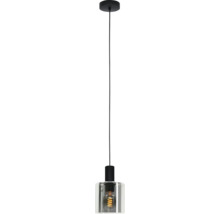 Hängeleuchte mit zylindrischem Glasschirm, schwarzer Halterung und sichtbarem LED-Filament-Leuchtmittel.