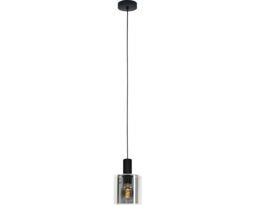 Hängeleuchte mit zylindrischem Glasschirm, schwarzer Halterung und sichtbarem LED-Filament-Leuchtmittel.