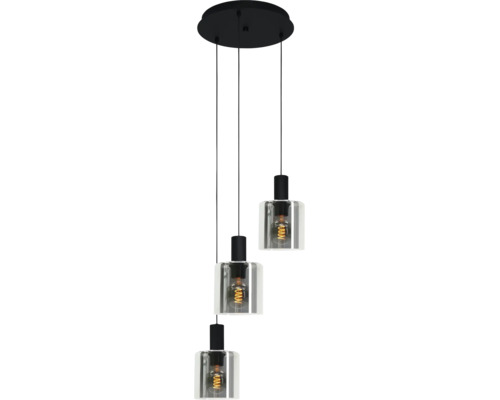 Dreiflammige Pendelleuchte mit runder Deckenrosette, schwarzen Kabeln und transparenten Glaszylindern.