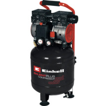 Compresseur Einhell SilentPlus avec Einhell Logo, réservoir noir vertical, deux manomètres et poignée rouge.