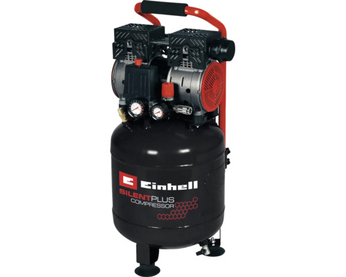 Compresseur Einhell SilentPlus avec Einhell Logo, réservoir noir vertical, deux manomètres et poignée rouge.