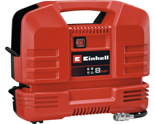 Compresseur mallette portable Einhell rouge, sans huile, pression maximale de 8 bars, avec poignée, tuyau d'air comprimé et raccord rapide.