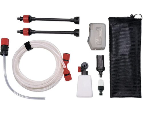 Kit d'accessoires pour nettoyeur à pression sans fil comprenant un tuyau d'aspiration, des lances, une buse à mousse, une protection de batterie et un sac.