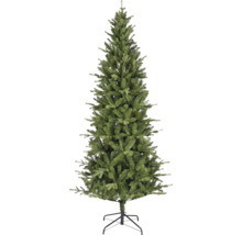 Künstlicher Weihnachtsbaum in schmaler, dichter Form mit schwarzem Metallständer.
