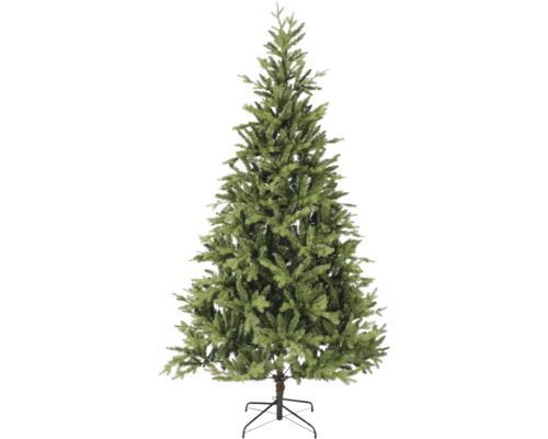 Künstlicher Weihnachtsbaum mit dichten Zweigen und einem Metallständer.