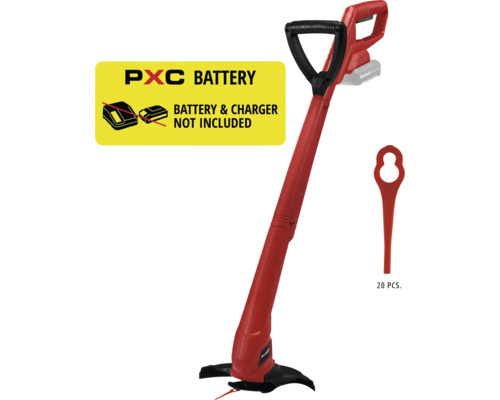 Coupe-bordures sans fil Einhell sans batterie ni chargeur, incluant 20 lames de rechange.