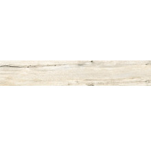 Revêtement de sol aspect bois avec veinures, nœuds et fissures.