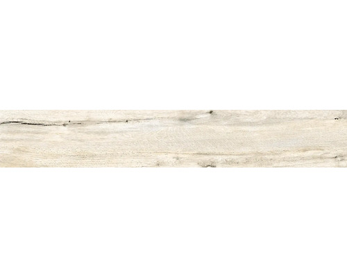 Revêtement de sol aspect bois avec veinures, nœuds et fissures.