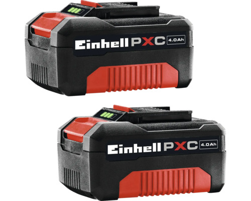 Zwei Einhell Power X-Change Akkus mit 4,0 Amperestunden Kapazität und Ladestandsanzeige für kabellose Werkzeuge.