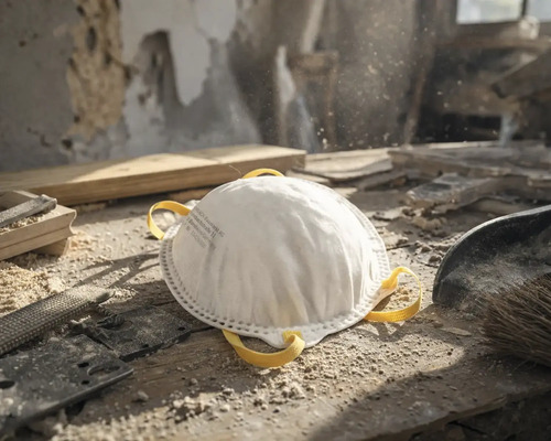 Masque de protection respiratoire blanc sur un établi poussiéreux dans un atelier avec des outils à bois et de la sciure.