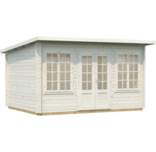 Abri de jardin en bois clair avec toit monopente, une double porte vitrée et deux fenêtres à croisillons.