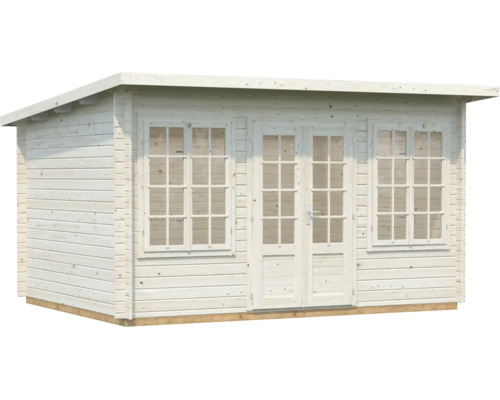 Abri de jardin en bois clair avec toit monopente, une double porte vitrée et deux fenêtres à croisillons.