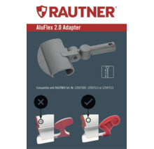 Adaptateur RAUTNER AluFlex 2.0 pour perches télescopiques avec instructions de compatibilité et comparaison graphique du raccord approprié.