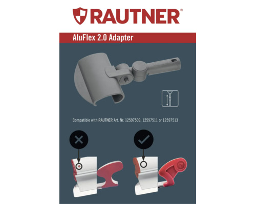 Adaptateur RAUTNER AluFlex 2.0 pour perches télescopiques avec instructions de compatibilité et comparaison graphique du raccord approprié.