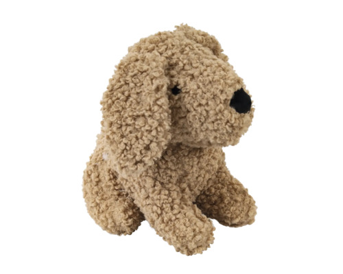 Chien en peluche aux poils bouclés, peluche assise.