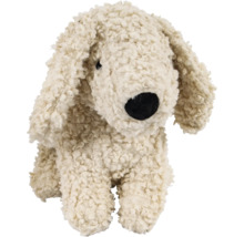 Chien en peluche beige bouclée avec des oreilles tombantes et une truffe noire