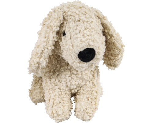 Chien en peluche beige bouclée avec des oreilles tombantes et une truffe noire