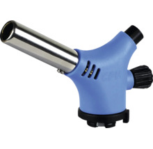 Embout de brûleur à gaz bleu pour cartouches de gaz avec buse métallique, bouton de réglage et allumage piézo.