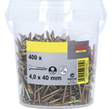 Vis à bois suki 4,0 par 40 millimètres dans un seau transparent de 400 pièces avec deux embouts Torx T 20.