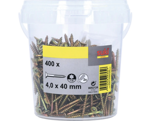 Vis à bois suki 4,0 par 40 millimètres dans un seau transparent de 400 pièces avec deux embouts Torx T 20.
