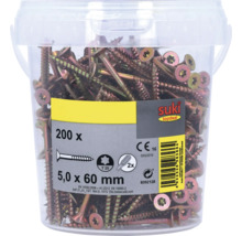 Vis à bois suki topdeal 5,0 par 60 millimètres avec empreinte Torx T25, 200 pièces dans un seau en plastique incluant deux embouts.