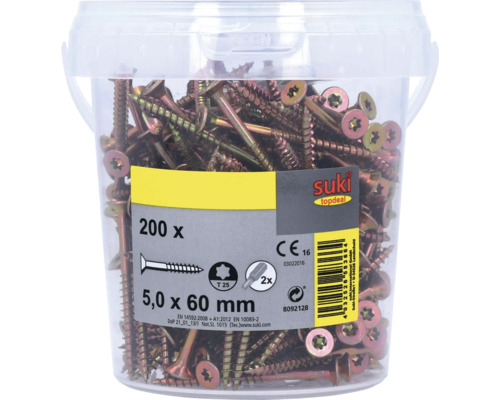 Vis à bois suki topdeal 5,0 par 60 millimètres avec empreinte Torx T25, 200 pièces dans un seau en plastique incluant deux embouts.