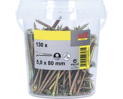 Seau transparent avec 130 vis Suki, 5,0 par 80 millimètres, empreinte Torx T25, incluant deux embouts, Suki Logo.