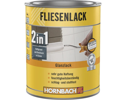 Hornbach Logo, Fliesenlack Glanzlack, 2 in 1 Haftgrund und Decklack, wasserbasiert, schlagfest und feuchtigkeitsbeständig.