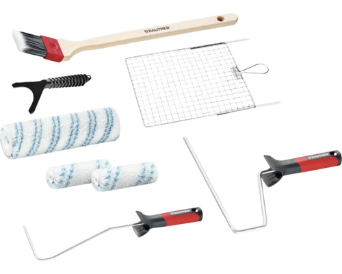 Kit d'outils de peinture Rautner comprenant une brosse à radiateur, des rouleaux de peinture, des montures et une grille d'essorage.