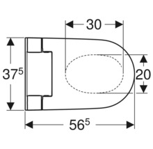 Dessin technique d une cuvette de toilette avec des dimensions extérieures de 37,5 par 56,5 centimètres et intérieures de 30 par 20 centimètres.