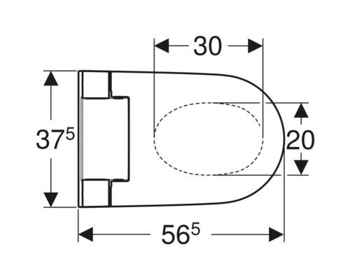 Dessin technique d une cuvette de toilette avec des dimensions extérieures de 37,5 par 56,5 centimètres et intérieures de 30 par 20 centimètres.