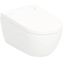 WC suspendu blanc en céramique avec abattant fermé, design moderne et arrondi.