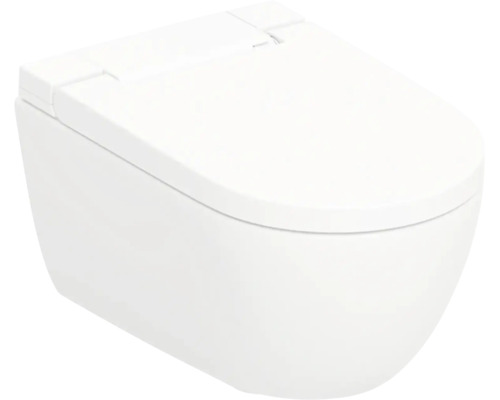 WC suspendu blanc en céramique avec abattant fermé, design moderne et arrondi.