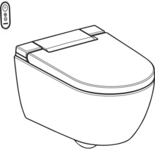 Dessin au trait d'un WC-douche suspendu avec couvercle fermé et télécommande.
