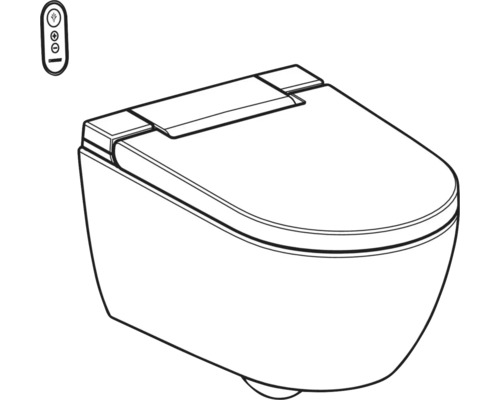 Dessin au trait d'un WC-douche suspendu avec couvercle fermé et télécommande.