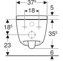 Croquis coté d'une toilette suspendue vue de face avec dimensions pour la largeur, la hauteur et les entraxes de montage.