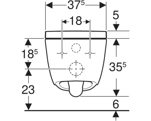 Croquis coté d'une toilette suspendue vue de face avec dimensions pour la largeur, la hauteur et les entraxes de montage.