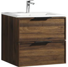 Meuble sous-vasque avec deux tiroirs aspect bois, poignées noires, lavabo blanc et robinet chromé.