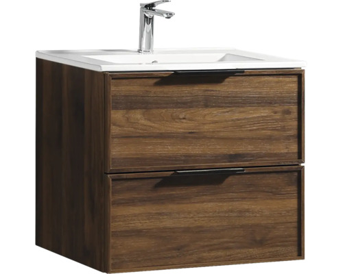 Meuble sous-vasque avec deux tiroirs aspect bois, poignées noires, lavabo blanc et robinet chromé.