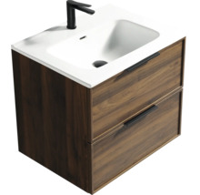 Meuble sous-vasque avec deux tiroirs aspect bois foncé, vasque en céramique blanche et robinet noir.