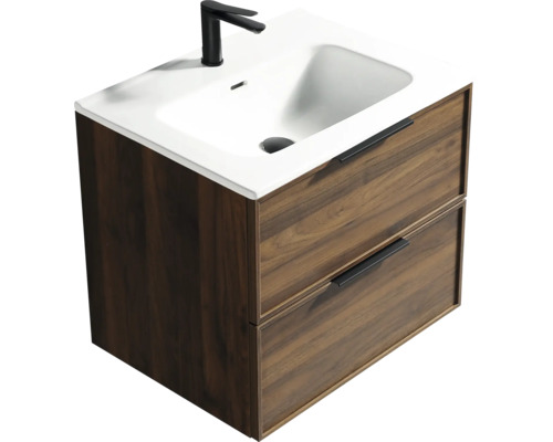 Meuble sous-vasque avec deux tiroirs aspect bois foncé, vasque en céramique blanche et robinet noir.