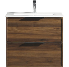 Meuble sous-vasque avec deux tiroirs aspect bois, vasque blanche et robinet chromé.