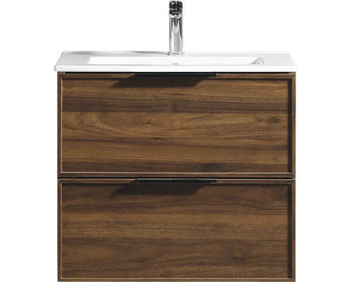 Meuble sous-vasque avec deux tiroirs aspect bois, vasque blanche et robinet chromé.