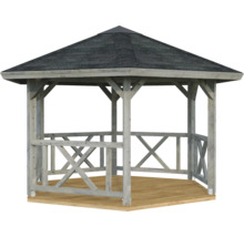 Pavillon Palmako Betty 9,9 m² hexagonal avec garde-corps sans plancher 384 x 339 apprêt par immersion cm gris