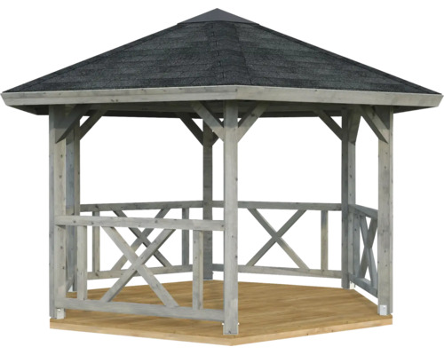 Pavillon Palmako Betty 9,9 m² hexagonal avec garde-corps sans plancher 384 x 339 apprêt par immersion cm gris