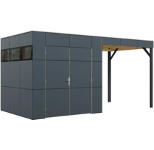 Modernes Gartenhaus mit integriertem Schleppdach und Doppeltür, ideal für die Aufbewahrung von Gartengeräten.