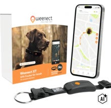 Weenect XT GPS-Tracker für Hunde mit Julius-K9-Halsband, Smartphone mit Ortungs-App und Produktverpackung. (Image AI modified or generated)
