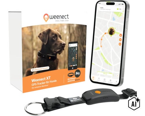 Weenect XT GPS-Tracker für Hunde mit Julius-K9-Halsband, Smartphone mit Ortungs-App und Produktverpackung. (Image AI modified or generated)